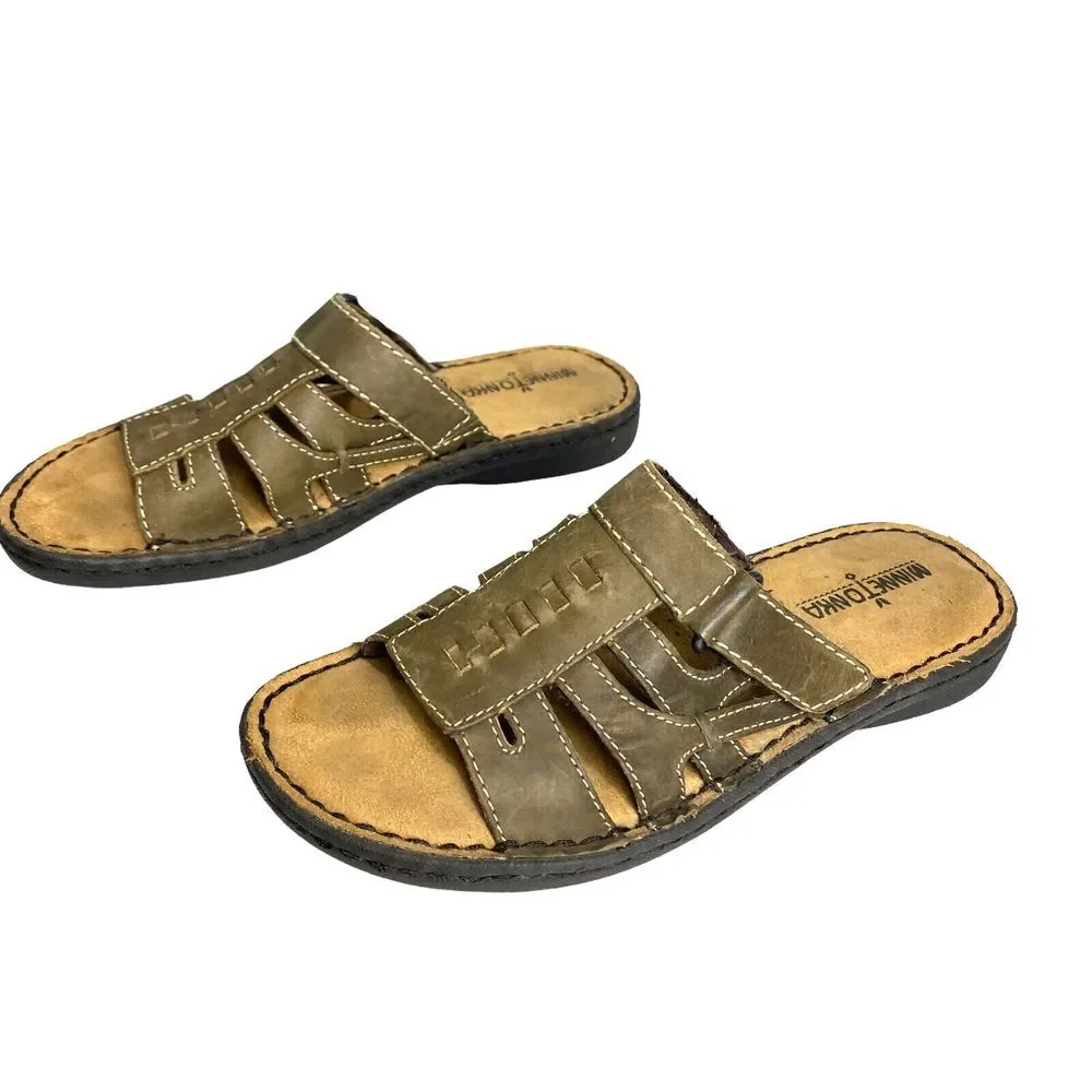 Minnetonka Slip On Leather ‎ Sandals Womens 7 Brown with Hook & Loop Closure